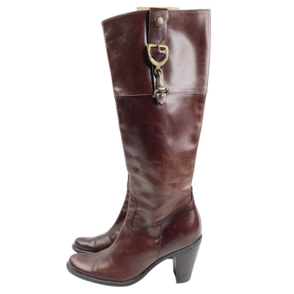 Lodi Women's Brown Leather Classic Knee High Block Heeled Boot Size 5